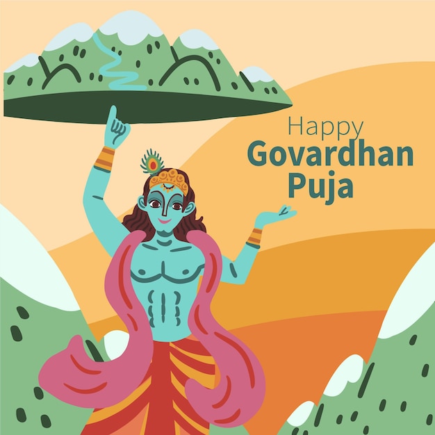 Vector hand getrokken govardhan puja