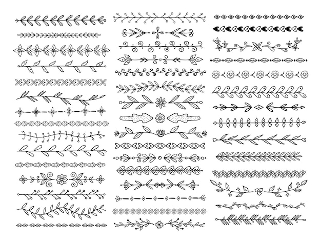 Hand getrokken grenzen. Lijnschetsverdelers met decoratieve bloemelementen. Floral tekst doodle decoratie, Krabbel set.