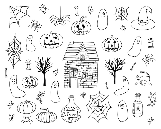 Hand getrokken Halloween doodle elementen instellen pompoen spin potion fles heks hoed bezem en bot schets