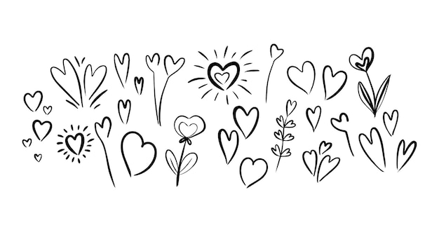 Vector hand getrokken harten en bloemen valentijnsdag elementen krabbel doodle stijl