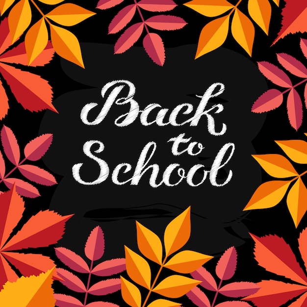Hand getrokken herfst terug naar school typografie met schattige kleurrijke bladeren in vlakke stijl