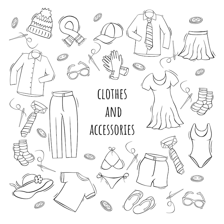 Vector hand getrokken iconen set van kleding en accessoires in doodle schets stijl vectorillustratie voor icon