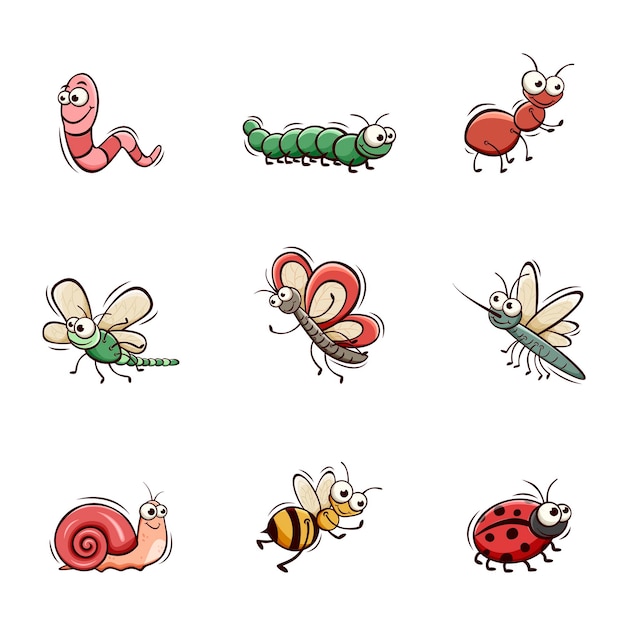 Vector hand getrokken iconen set van schattige insecten in doodle schets stijl