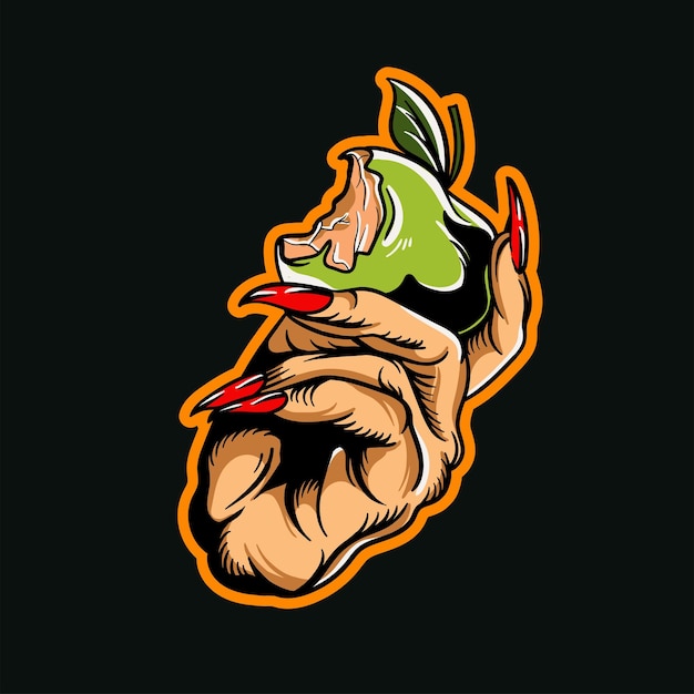 Hand getrokken illustratie van een duivelshand die een appel vectorontwerp houdt
