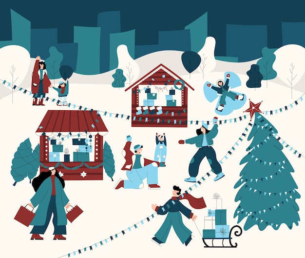 Hand getrokken illustratie van een kerstmarkt met mensen die winkelen sneeuwballen spelen met hun gezin met plezier