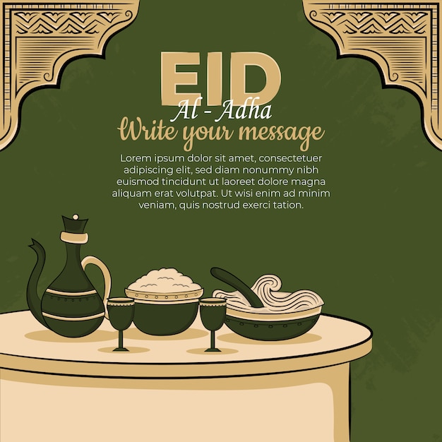 Hand getrokken illustratie van Eid al-adha of Qurban-dagen die concept begroeten op groene achtergrond.