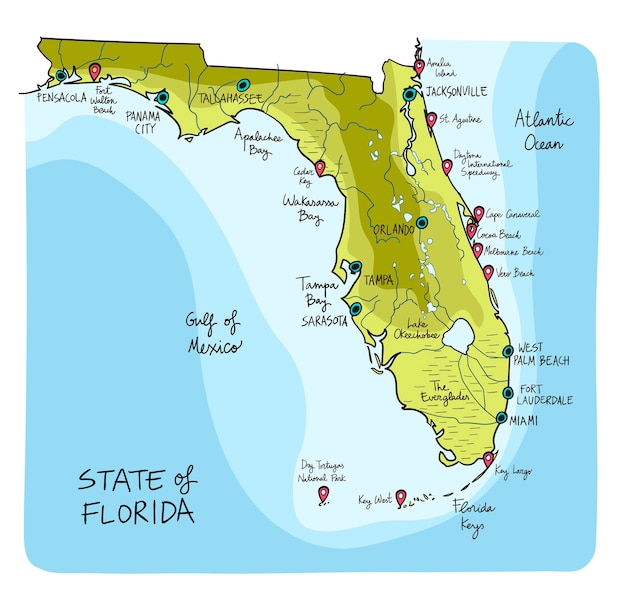 Vector hand getrokken kaart van florida met de belangrijkste steden.