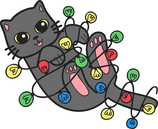 Hand getrokken kat spelen met gloeilamp illustratie in doodle stijl
