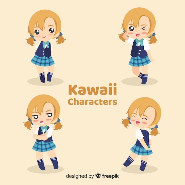 Hand getrokken kawaii lachende meisjes collectie