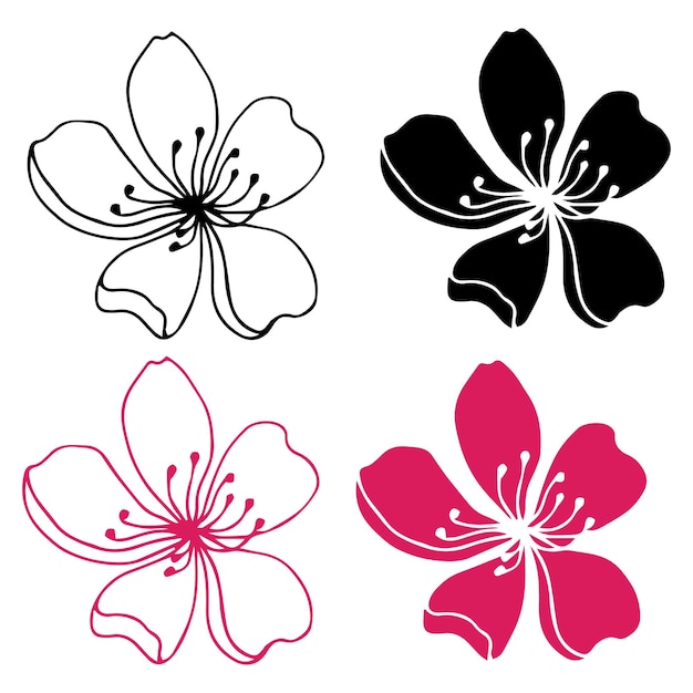 Hand getrokken kersentakken met bloemen, zwart-wit kleurboek. sakura plant silhouet