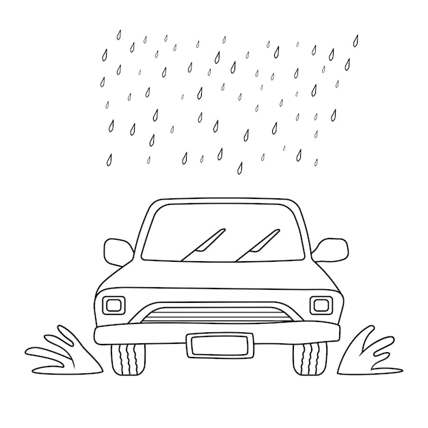 Hand getrokken kinderen tekenen Cartoon Vector illustratie auto in de regen pictogram geïsoleerd