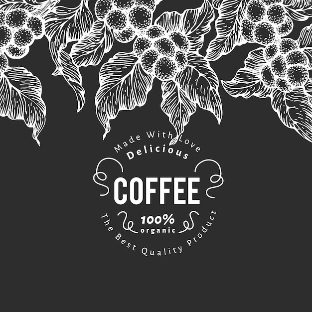 Hand getrokken koffie ontwerpsjabloon. vector koffie planten illustraties op krijtbord. vintage natuurlijke koffie achtergrond