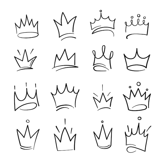 Hand getrokken kronen logo set voor koningin pictogram prinses diadeem symbool doodle illustratie popart element schoonheid en mode winkelen concept