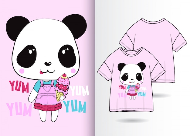 Hand getrokken leuke panda crème illustratie met t-shirt design