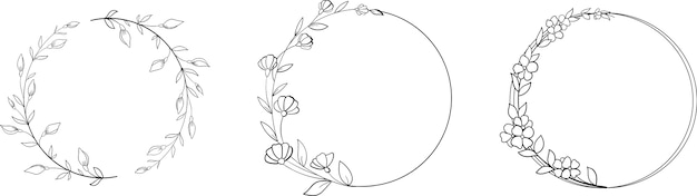 Vector hand getrokken lineaire krans met bloemen en bladeren in doodle stijl