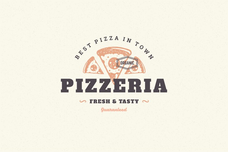 Hand getrokken logo pizza segment silhouet en moderne vintage typografie retro stijl vectorillustratie.