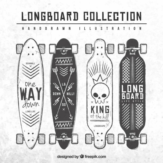 Hand getrokken longboard collectie