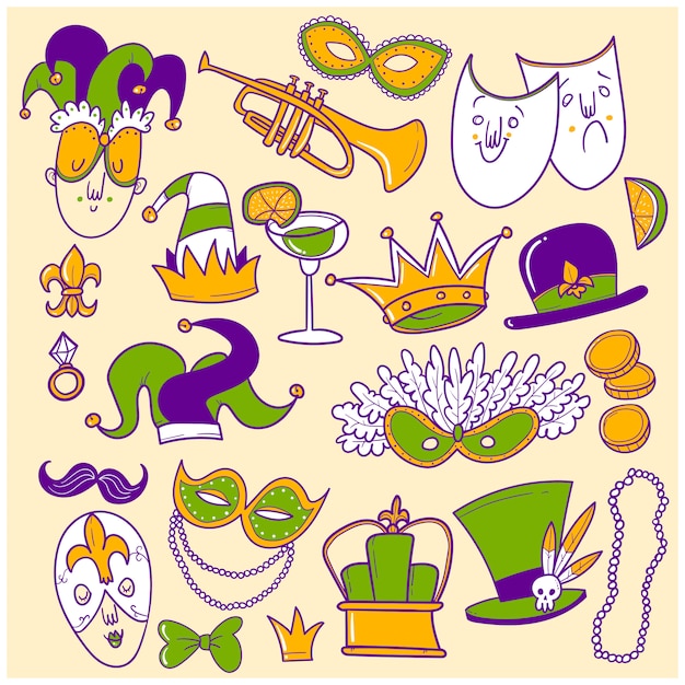 Hand getrokken mardi gras doodle set