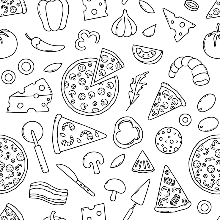 Vector hand getrokken naadloos patroon van pizzakrabbel verschillende plakken van pizza in schetsstijl