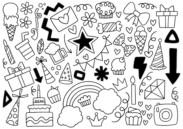 Hand getrokken partij doodle gelukkige verjaardag set