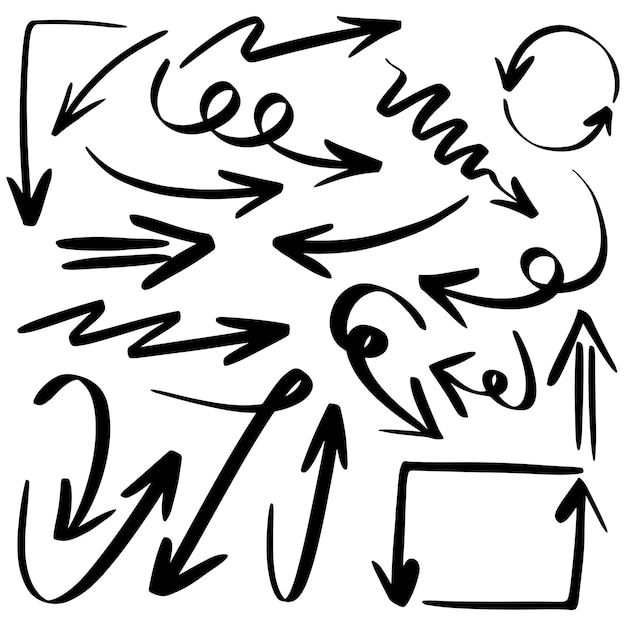 Hand getrokken pijl pictogrammenset geïsoleerd op een witte achtergrond. Doodle vectorillustratie.
