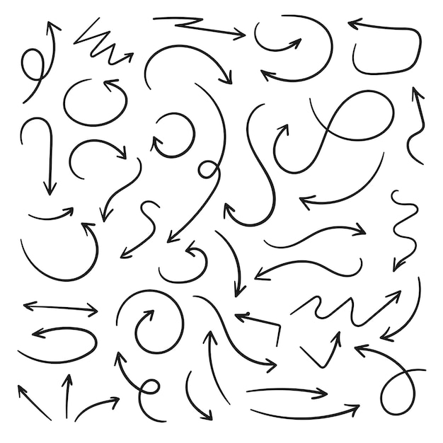 hand getrokken pijlen collectie set eenvoudige platte pijlen geïsoleerd op witte achtergrond pijlmarkering pictogrammen