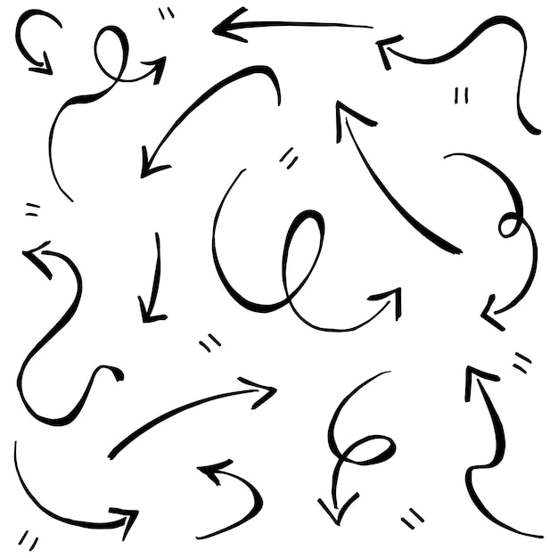 Hand getrokken pijlen pictogrammen Set pijlpictogram met verschillende richtingen Doodle vectorillustratie geïsoleerd op een witte achtergrond