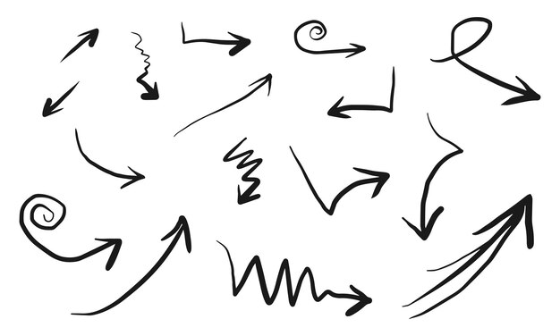 Hand getrokken pijlen pictogrammen Set pijlpictogram met verschillende richtingen Doodle vectorillustratie geïsoleerd op een witte achtergrond