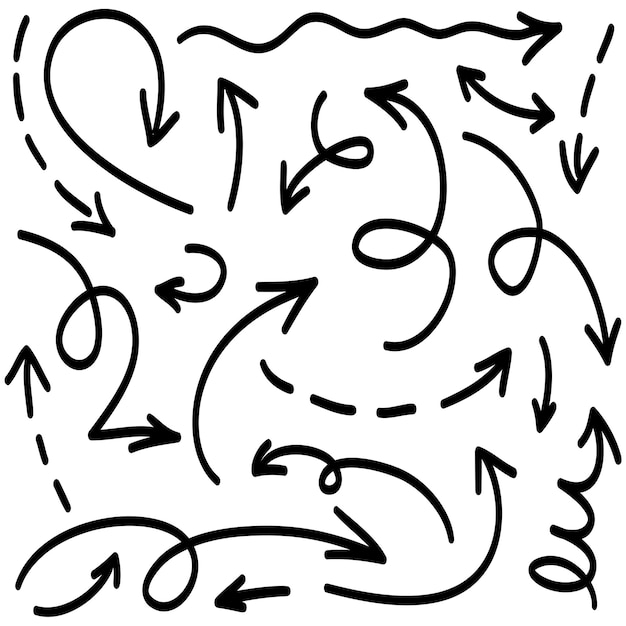 Hand getrokken pijlpictogrammen geplaatst die op witte achtergrond worden geïsoleerd Doodle vectorillustratie