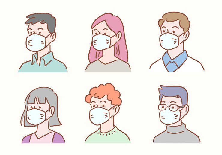 Hand getrokken reeks diverse mensenavatar die maskersbescherming tegen ziekte of verontreiniging, gezondheidszorg en hygiëneconcept, illustratie vlak ontwerp dragen.