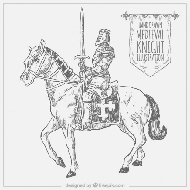 Hand getrokken ridder met een kader en paard