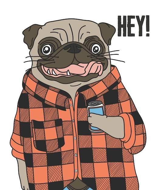 Hand getrokken schattig pug vector ontwerp voor t-shirt afdrukken