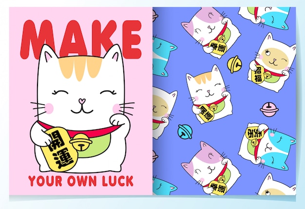 Hand getrokken schattige japanse lucky cat patroon set