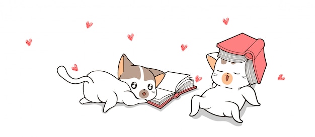 Hand getrokken schattige katten lezen boeken