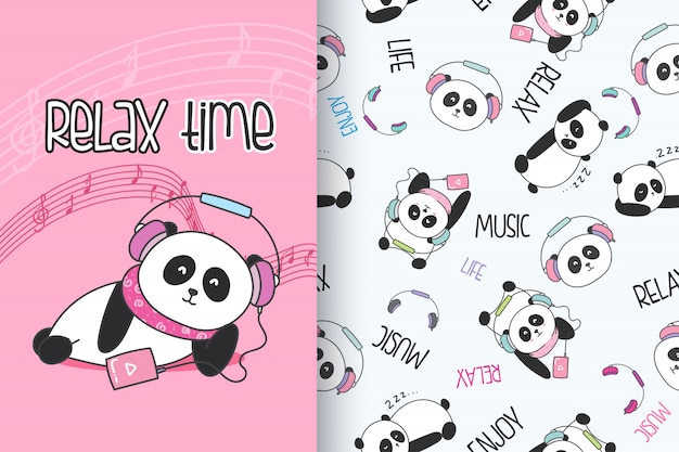 Hand getrokken schattige panda met patroon vector set