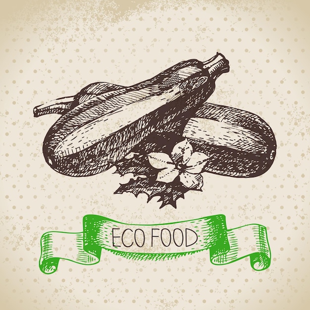 Hand getrokken schets courgette groente. eco voedsel achtergrond. vectorillustratie