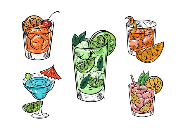 Hand getrokken schets kleurrijke cocktails instellen moderne vectorillustratie