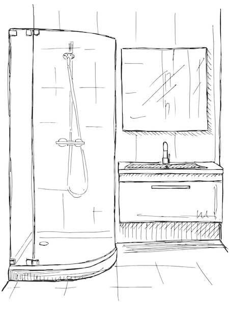 Hand getrokken schets. Lineaire schets van een interieur. Een deel van de badkamer. vector illustratie