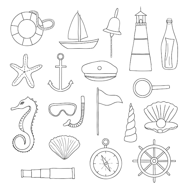 Vector hand getrokken schets nautische items set