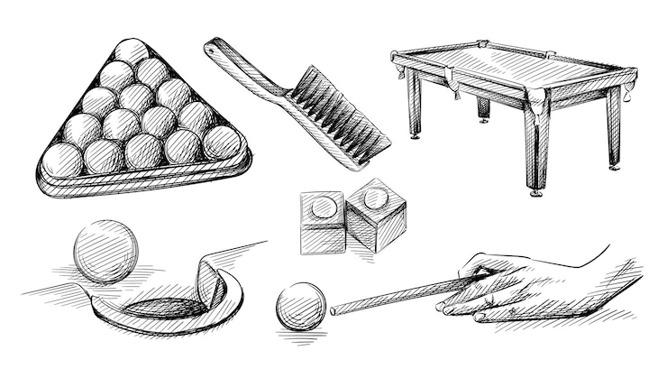 Hand getrokken schets set biljart en pool items.