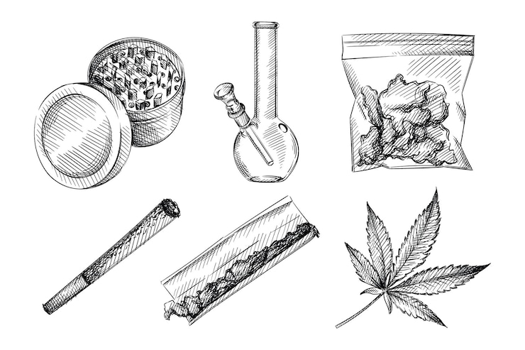 Hand getrokken schets set onkruid roken tools. Marihuana roken.