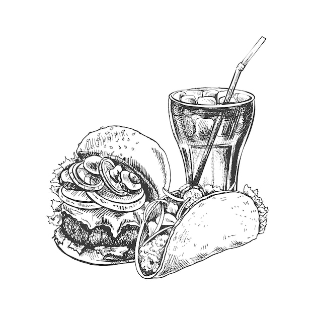 Vector hand getrokken schets van hamburger taco en cola glas geïsoleerd monochroom junkfood vintage