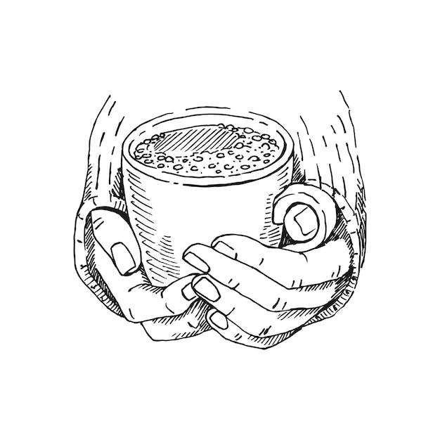 Hand getrokken schets van handen met een kopje koffie thee enz. Vectorillustratie geïsoleerd op een witte background