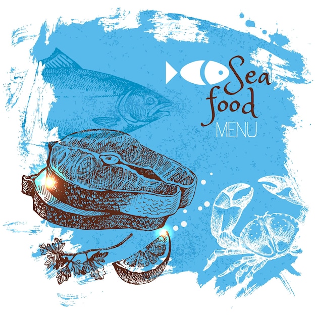 Hand getrokken schets zeevruchten vectorillustratie Zee poster achtergrond Menu ontwerp
