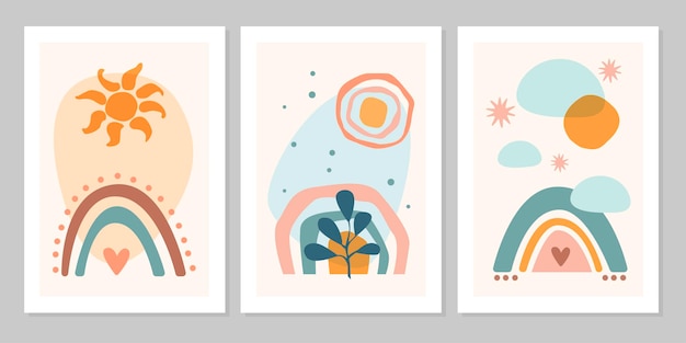 Hand getrokken set abstracte boho poster met regenboog, zon, maan, ster, hart, plant, geïsoleerd op beige achtergrond. platte vectorillustratie. ontwerp voor patroon, logo, posters, uitnodiging, wenskaart