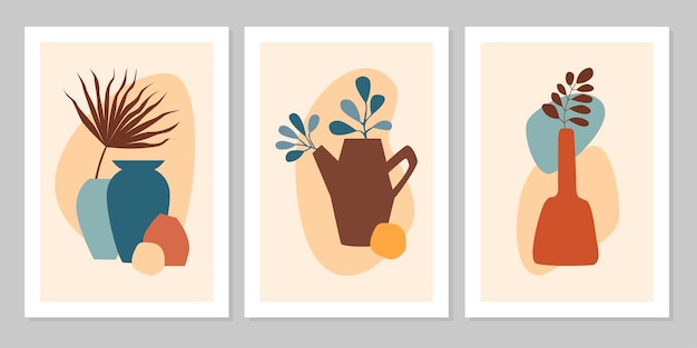 Hand getrokken set abstracte boho poster met tropisch blad, kleur vaas en vorm geïsoleerd op beige achtergrond. Platte vectorillustratie. Ontwerp voor patroon, logo, posters, uitnodiging, wenskaart