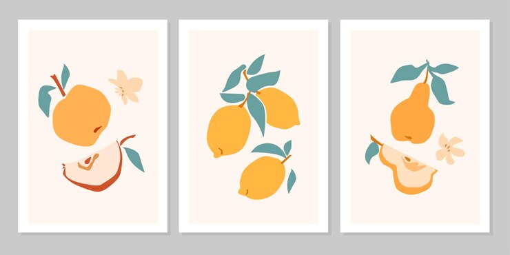 Hand getrokken set abstracte boho poster met tropisch fruit citroen, appel, peer, flowe geïsoleerd op beige achtergrond. Platte vectorillustratie. Ontwerp voor patroon, logo, posters, uitnodiging, wenskaart
