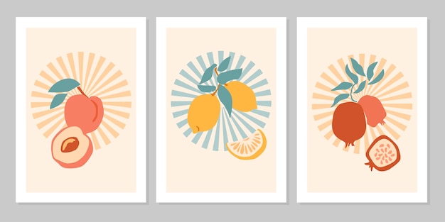 Hand getrokken set abstracte boho poster met tropisch fruit citroen, perzik, granaatappel geïsoleerd op beige. Platte vectorillustratie. Ontwerp voor patroon, logo, posters, uitnodiging, wenskaart