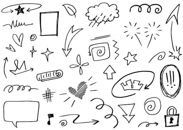 Hand getrokken set elementen abstracte pijlen lint hart ster blad kroon en andere elementen in de hand getekende stijl voor conceptontwerp krabbel illustratie vectorillustratie