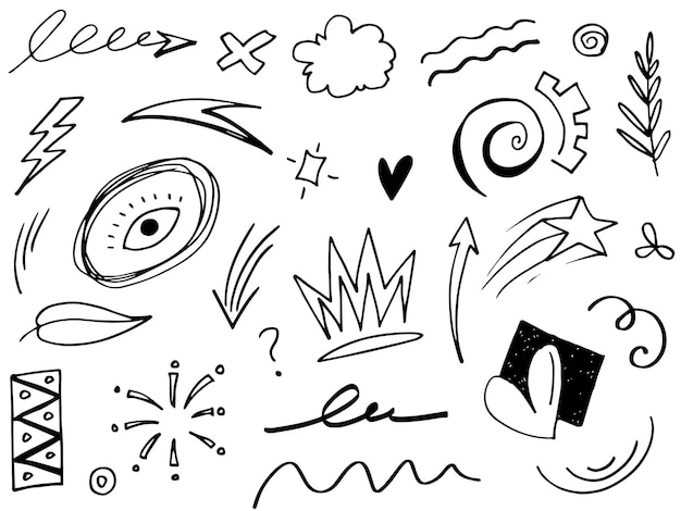 Hand getrokken set elementen abstracte pijlen linten harten sterren kronen en andere elementen in een hand getrokken stijl voor conceptontwerpen Krabbel illustratie vectorillustratie